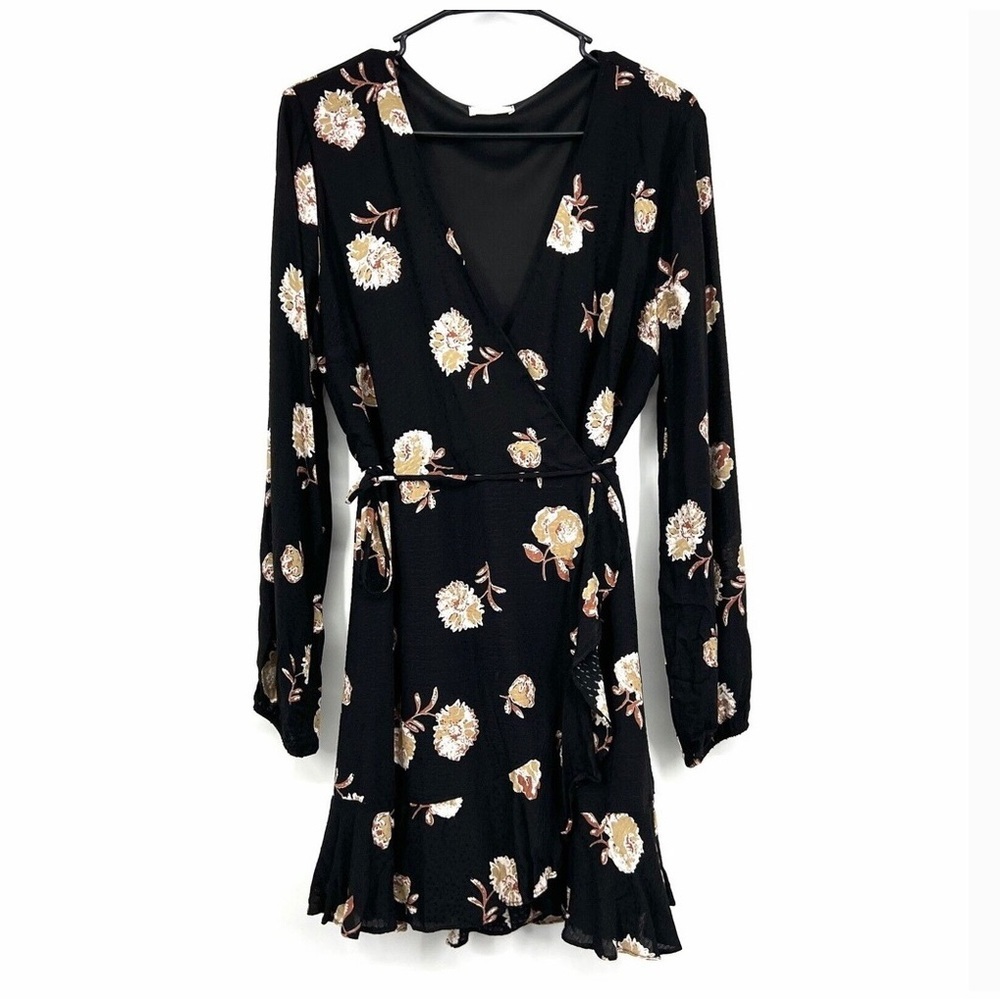 Everyone Wrap Dress Floral Print V Neck Long Sleeve Ruffle